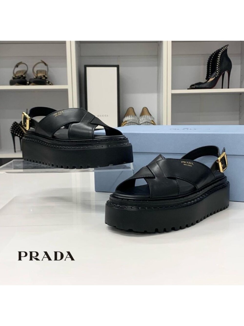 Prada Crisscross Logo Leather Strap Thick Sole Sandals Black